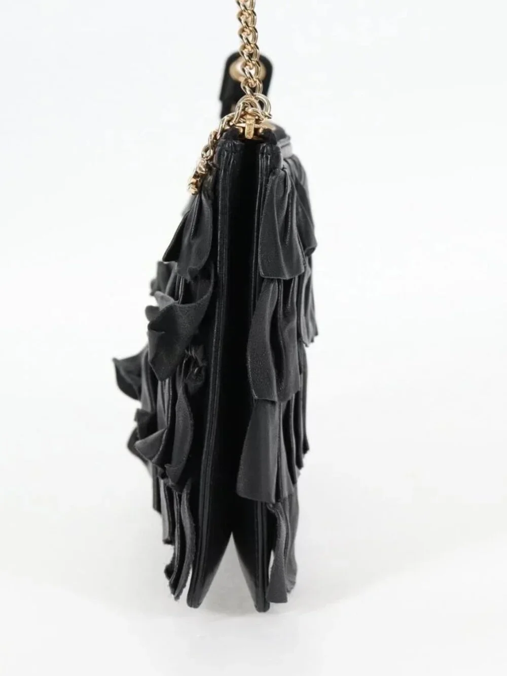 CHANEL Chain Gathered Hand Bag Lamb Skin Black Gold CC Auth yk18016M